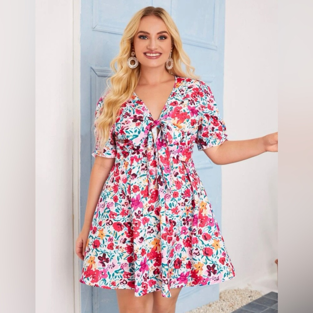 Shein Curve Floral Print Tie Front Dress